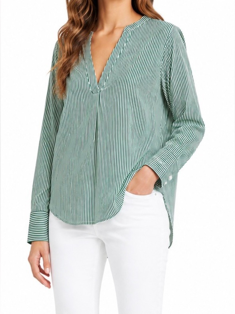 NWT Calvin Klein Jeans Green White Stripe Split Neck Blouse Size Large $99